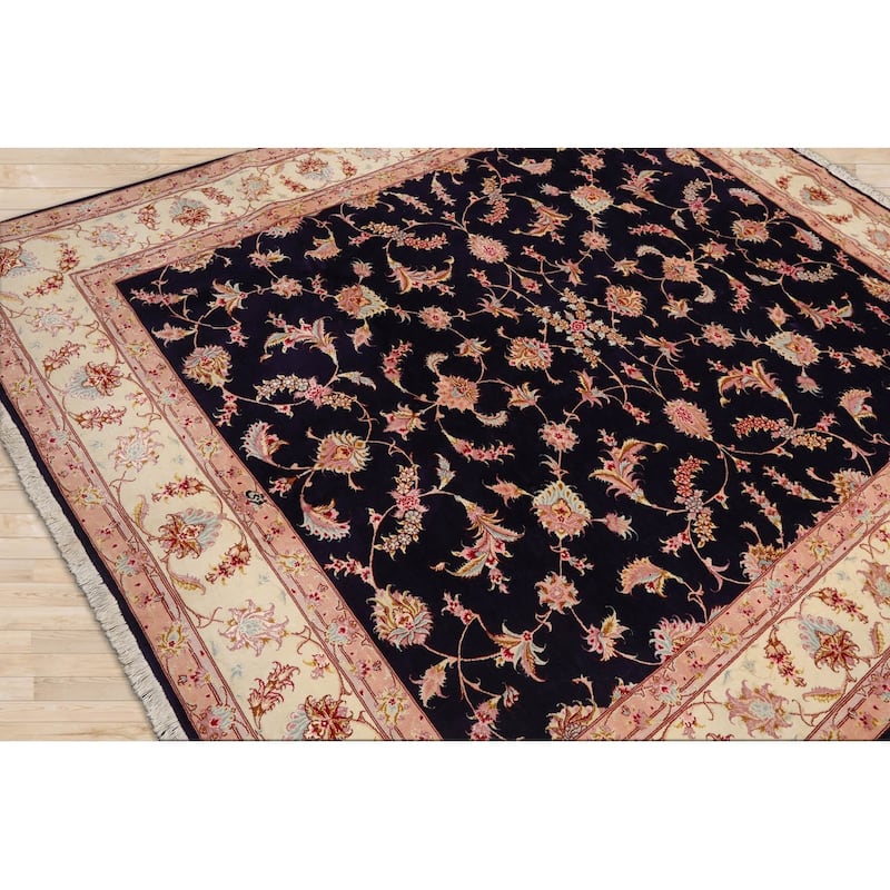 Hand Knotted Tabriz Blue Persian Wool & Silk Traditional Area Rug - 6' 2'' x 7' 6''
