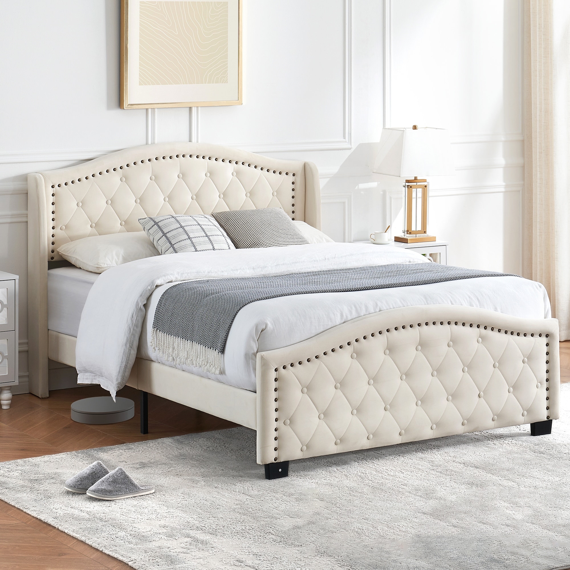 White Tufted Upholstered Platform Bed Frame with Headboard and Footboard