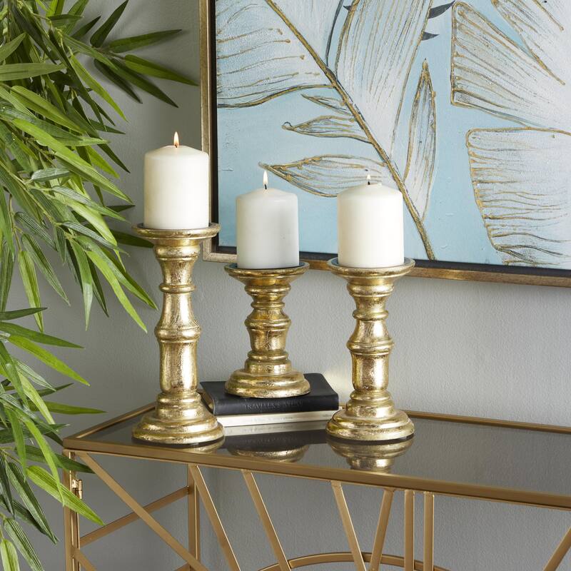 Gold, Black or White Mango Wood Turned Style Pillar Decorative Candle Holder (Set of 3)