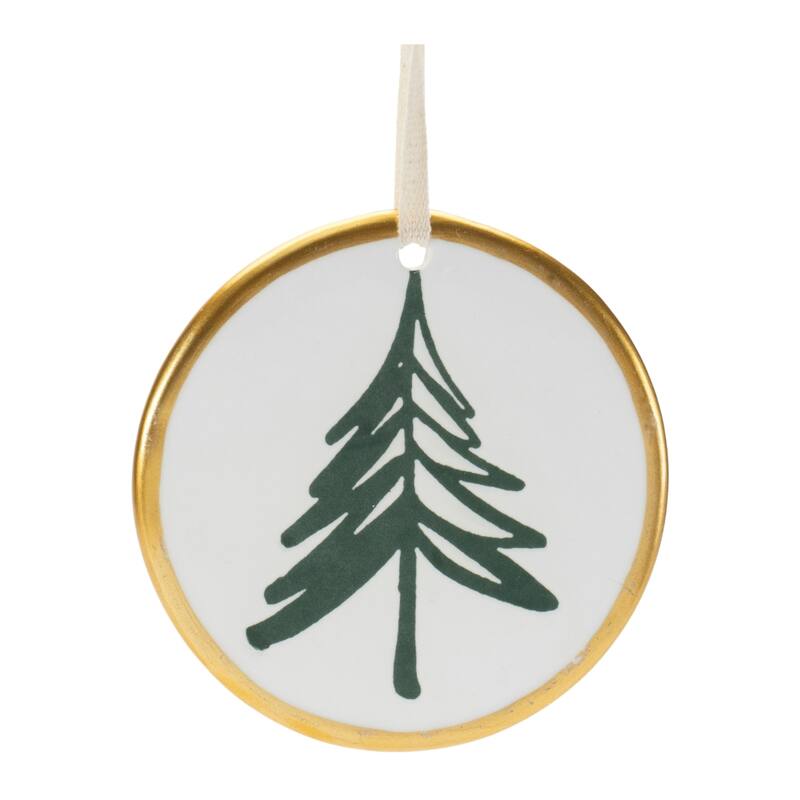 Ceramic Pine Tree Christmas Disc Ornaments - 3.5" - 12ct