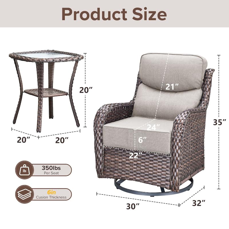 Gymojoy 3-Piece Patio Swivel Glider Chair Set with Side Table, 6-Inch Ultra-Plush Cushions & Water-Resistant Olefin Fabric