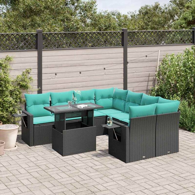 vidaXL Patio Sofa Set with Cushions Table and Couches 9 Piece Poly Rattan - 24.4 x 24.4 x 27.2 - Black without storage