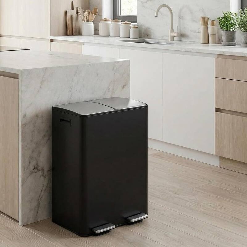 2 x 8 Gallon Dual Compartment Kitchen Trash Can, Garbage Can with Lid - Black