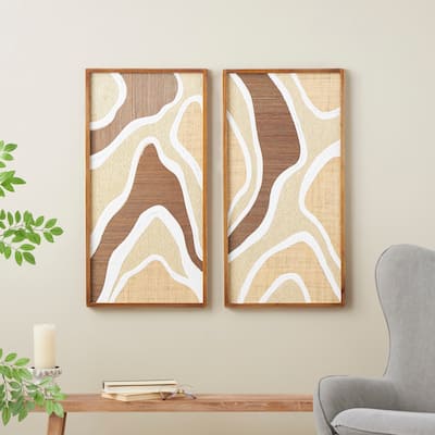 Brown Wood Textured Wavy Abstract Home Wall Decor with White and Tan Accents (Set of 2)