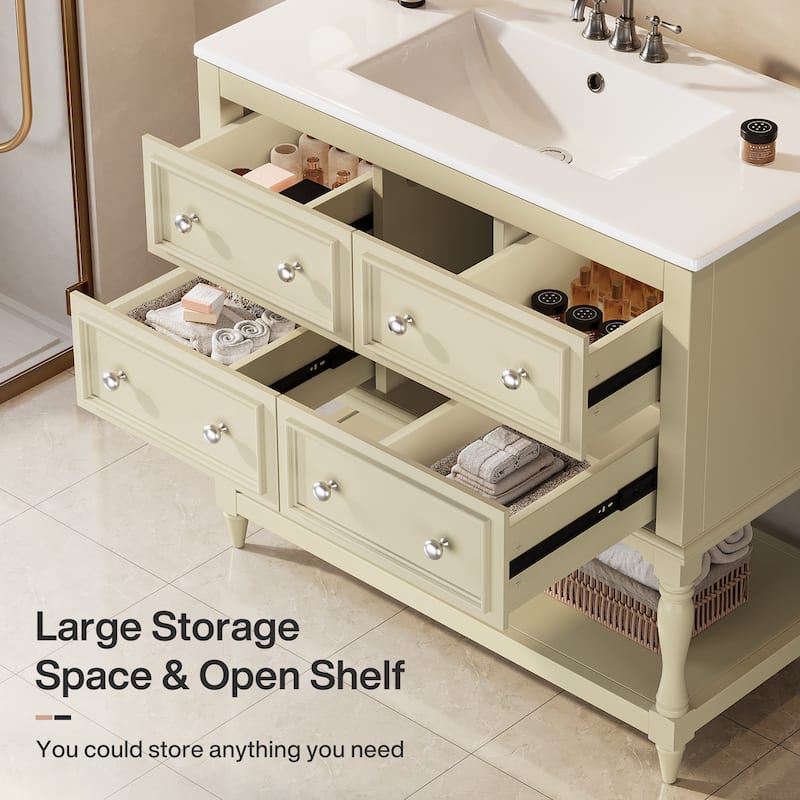 36" Modern Bathroom Vanity with Ceramic Basin, 4 Drawers