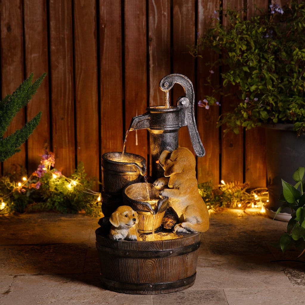 Glitzhome 23.75"H Cute Dog Playing Around the Water Pump Polyresin Outdoor Fountain with Pump and LED Light