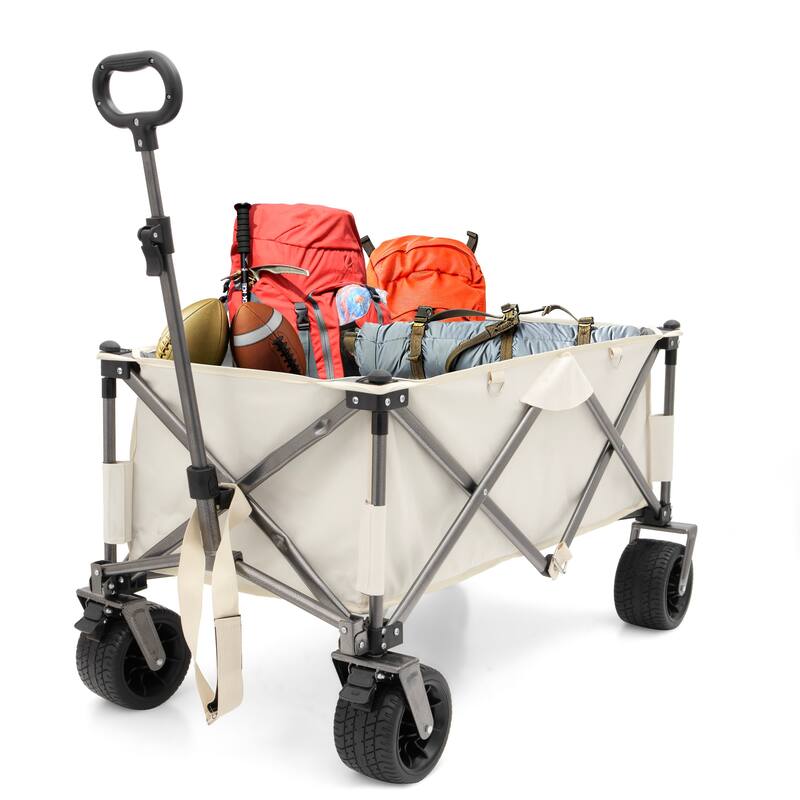 Heavy Duty Folding Beach Wagon - Utility Cart with Big Wheels & Adjustable Handle, Includes Drink Holders