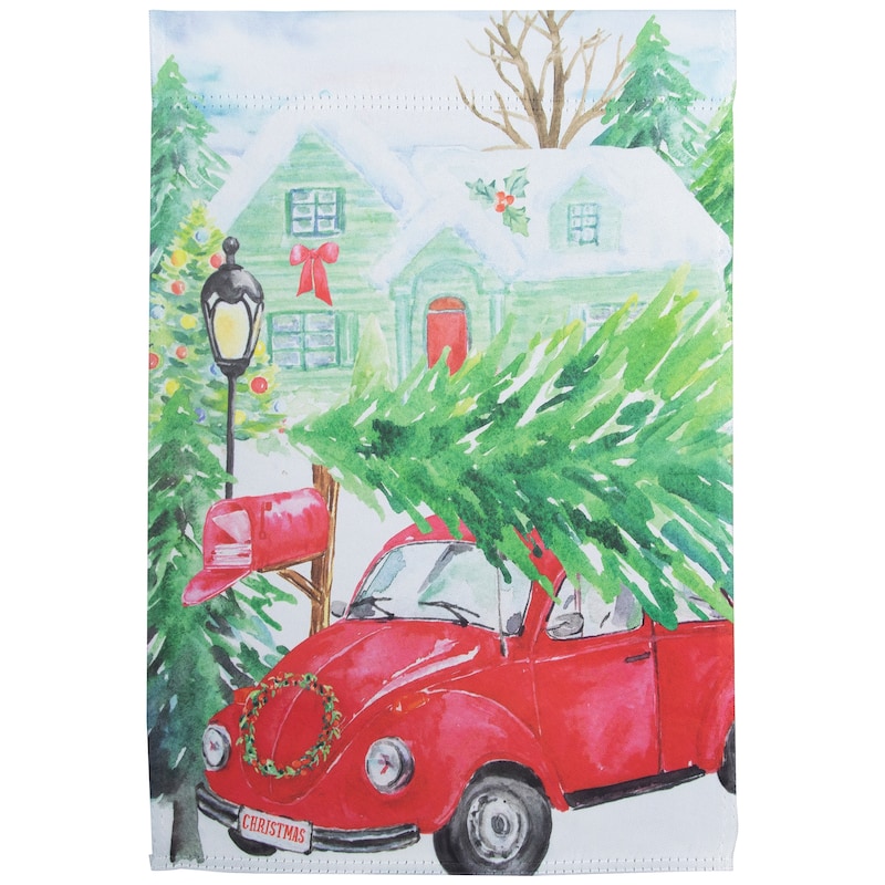 Red Car and Christmas Tree Outdoor House Flag 20" x 48"