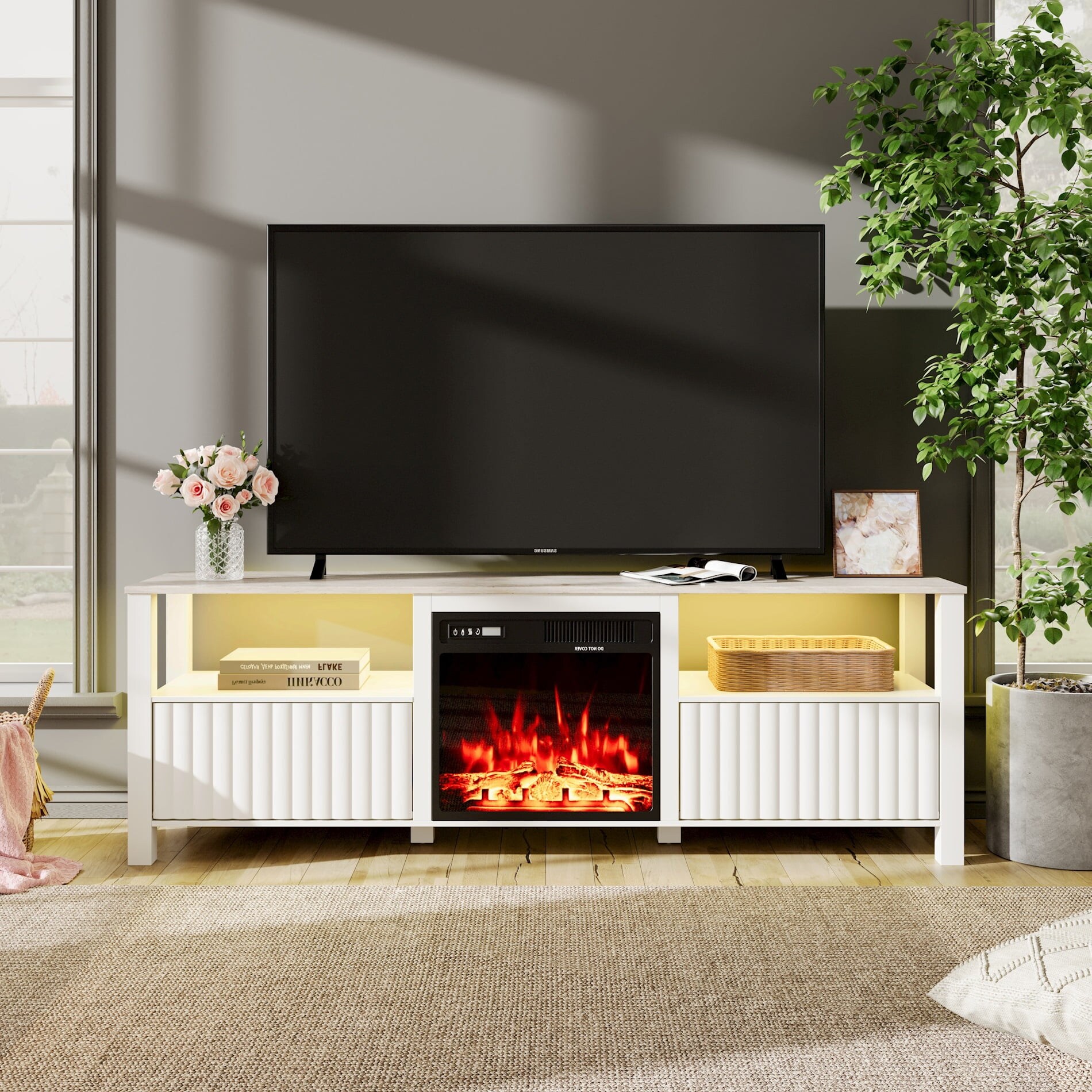 White gloss tv shop stand with fireplace
