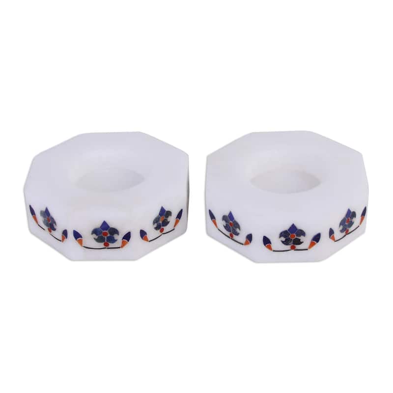Novica Handmade Floral Alliance In Blue Marble Tealight Holders (Pair)
