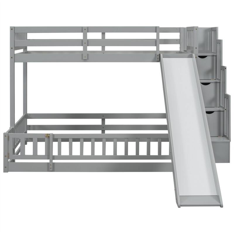 Twin Over Full Multifunctional Kids Bunk Bed Frame with Slide, Wooden Loft Bed with Storage Staircase and Guardrails