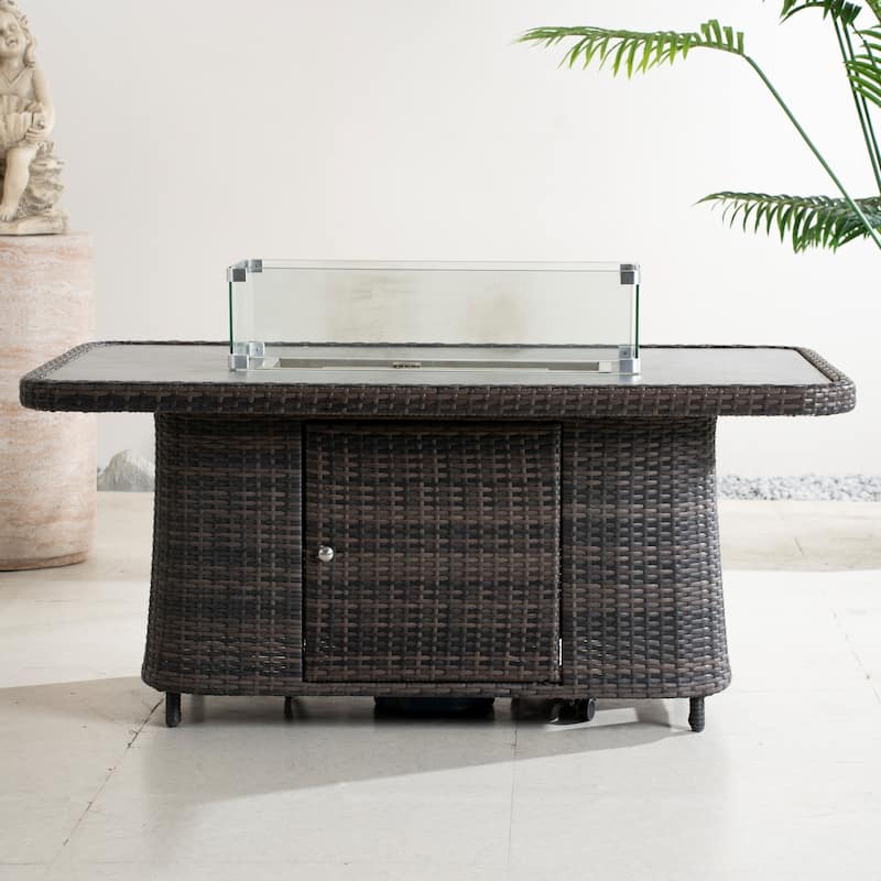 50,000 BTU Adjustable Height Aluminum Propane Fire Pit Table with Faux Stone Glass Top and Wind Guard