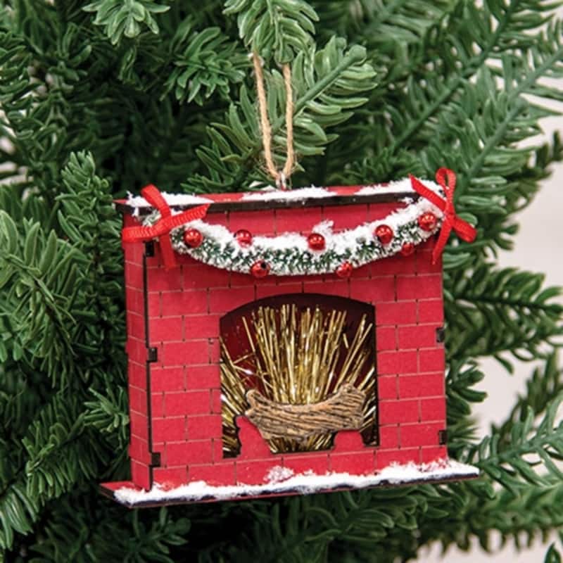 Snowy Winter Wooden Fireplace Ornament for Christmas Tree Decor - 4.50" x 1.25" x 3.50"