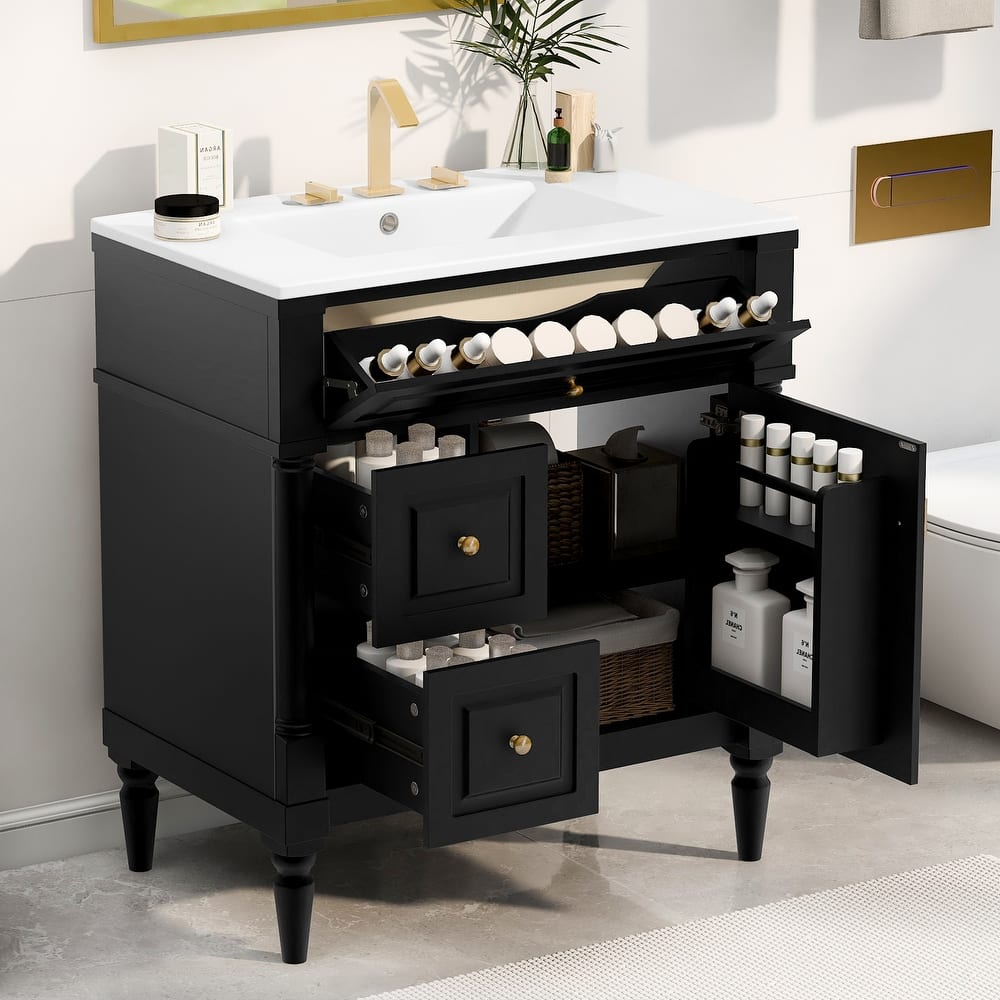 30" Bathroom Vanity with Sink, Freestanding Solid Rubberwood Cabinet with Flip Drawer & Adjustable Shelf