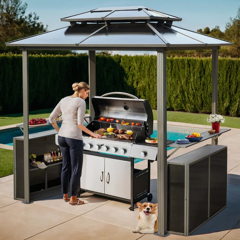 Grill Gazebo with Bar & Shelves, Double Roof BBQ Canopy for Patio, Wind & Weather-Resistant Outdoor Grill Shelter Tent