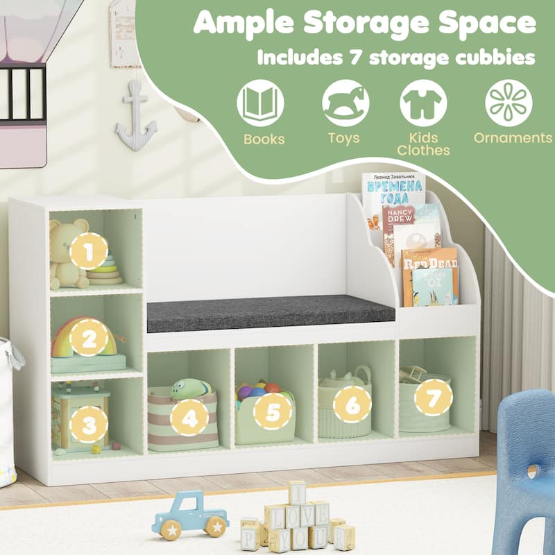 White-Grey 3-Level Kids Toy Organizer Bookshelf with Removable Cushion for Playrooms - 53.5" x 16" x 32"