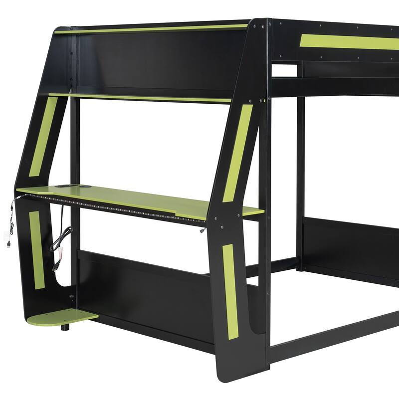 Full Size Gaming Loft Bed with RGB Desk & LED Lights - Heavy Duty Esports Bunk Bed with USB Ports, Cable Management for Gamers