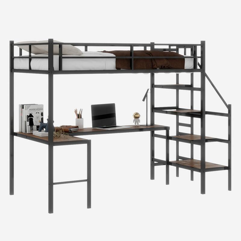 GDFStudio - Iron Loft Bed with L-Shaped Desk & Storage Stairs