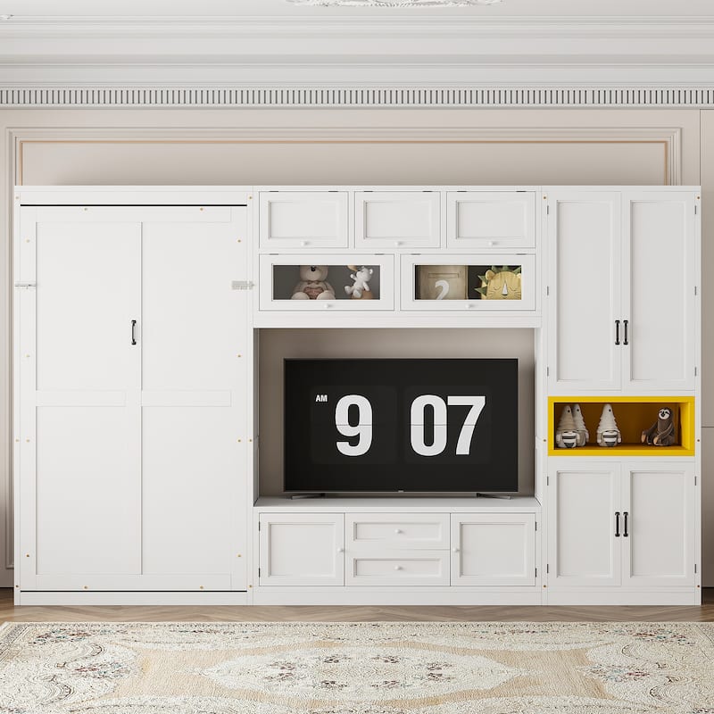 Space Saving Twin Murphy Bed, Wall Bed Unit with TV Console, Drawers and Storage Cabinets