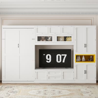 Versatile Twin Size Murphy Bed Folding Storage Bedframe with Built-in TV Stand, 2 Deep Drawers, Multiple Shelves and Cabinets