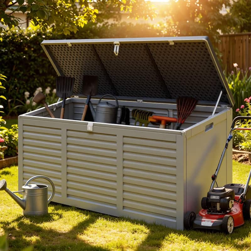 130 Gal. Upgraded Resin Deck Box, Outdoor Storage Box Waterproof with Hydraulic Rod and Side Handle, Lockable