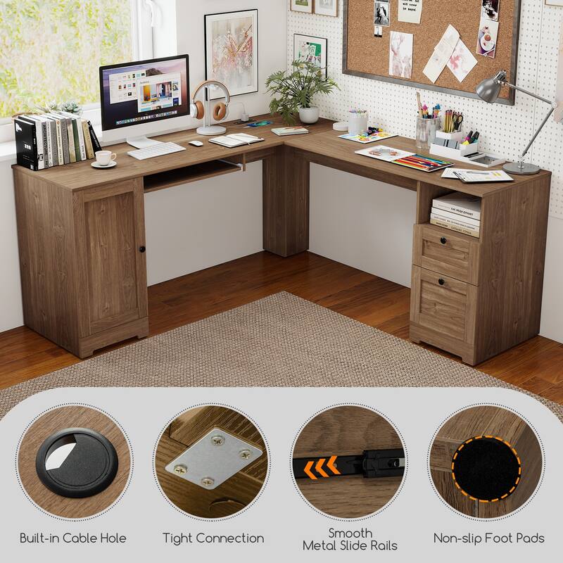 Gymax 66 Inch L-Shaped Computer Desk Spacious Corner Desk w/ Drawers &