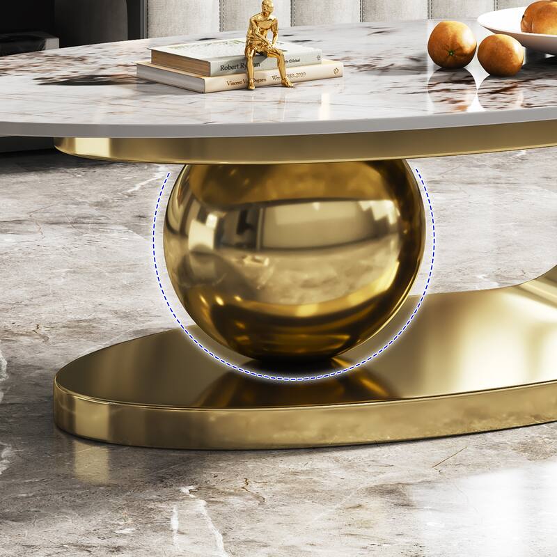 51 Inches Oval Faux Marble Coffee Table for Living Room with Stainless Steel Base
