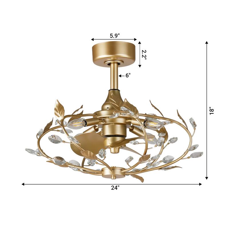 24" Modern Gold Crystal Dimmable Bladeless Ceiling Fan with Light Kit and Remote