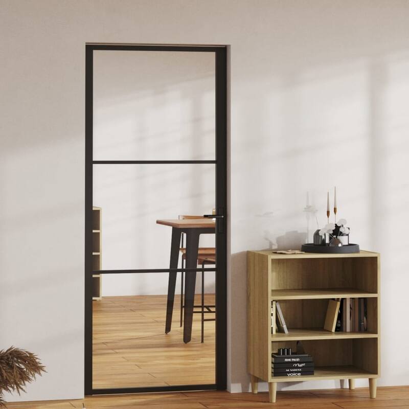 vidaXL Glass Door Interior Door with Alloy Handle ESG Glass and Aluminum Black - 32.7"x79.3" x 1.4" - Black