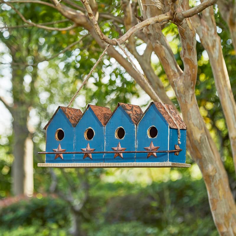 Glitzhome 17''L Large Retro Distressed Solid Wood Birdhouse with 4 holes - 17"L - Blue