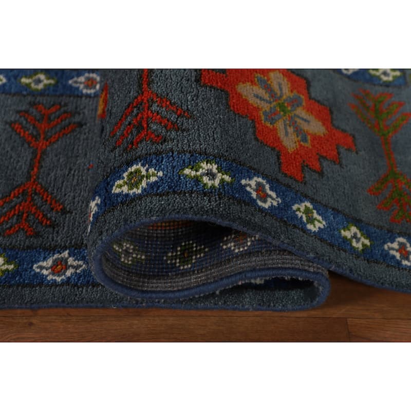 Blue Geometric Kazak Oriental Area Rug Hand-Knotted Wool Carpet - 9'3" x 11'7"