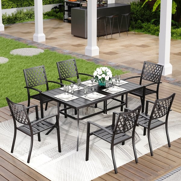 7 pc metal glass top patio table set with umbrella MAISON ARTS Black Metal Rectangle 7-piece Patio Dining Set with Umbrella Hole
