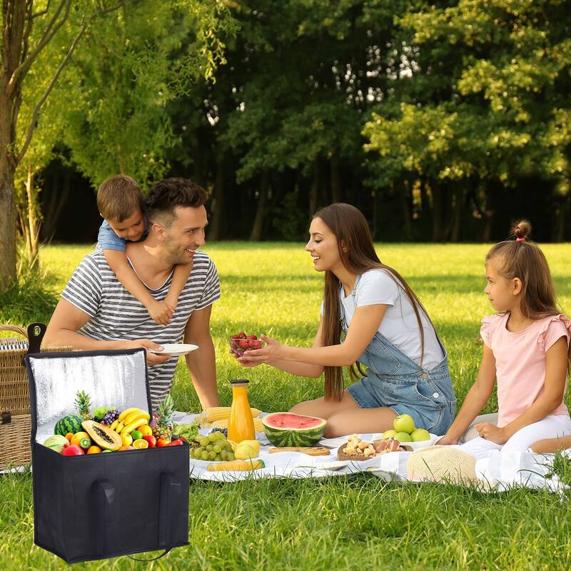 2Pcs Insulated Reusable Grocery Bag Food Delivery Bag with Zipper 16x10x13" - Black
