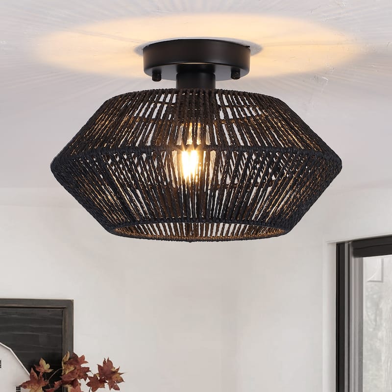 1-Light Farmhouse Style Classic Semi Flush Mount Chandelier, Hand-Woven Semi-Flush Mount Ceiling Light with Drum Shade - Black