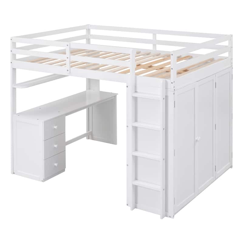 Versatile Loft Bed with Wardrobes and Desk, Solid Wood Loft Bed Frame