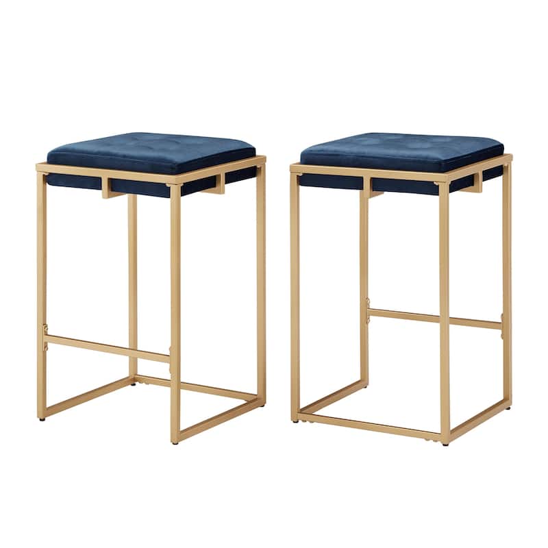 Perdita Gold Finish Velvet Button Tufted Bar Stools (Set of 2) by iNSPIRE Q Bold - Blue - Counter Height 24"