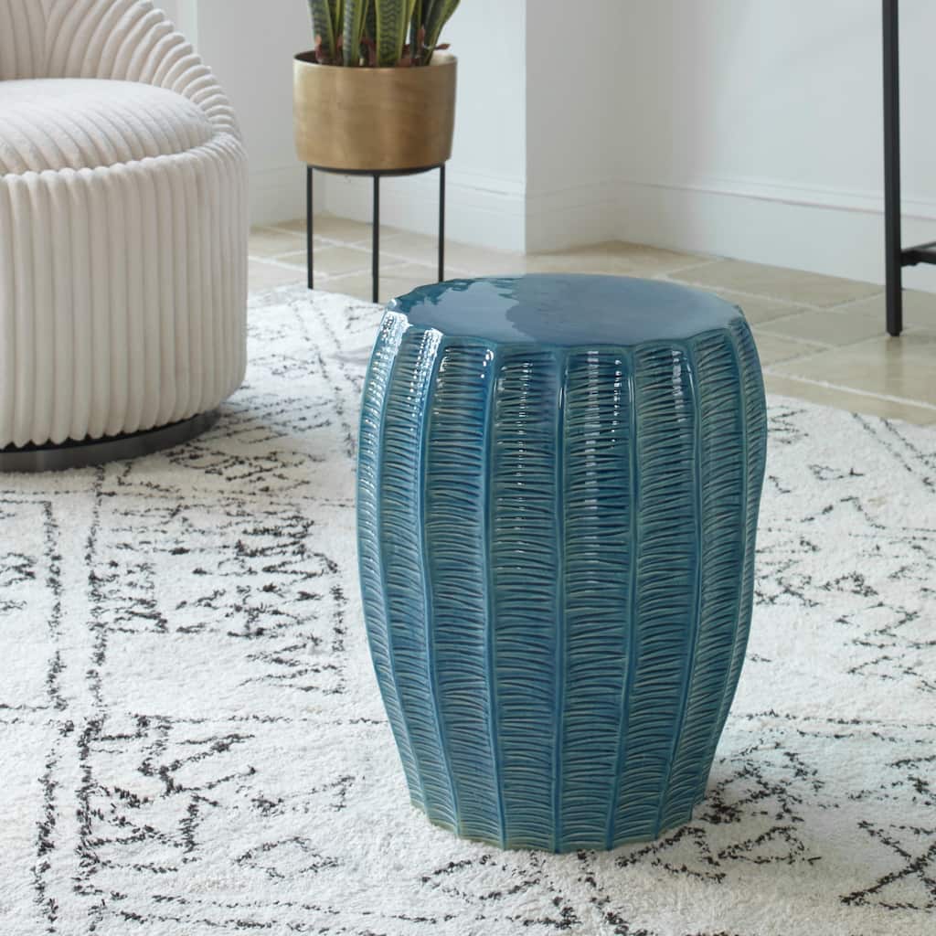 Ceramic Geometric Outdoor Patio Ottoman Footstool - 17.25" - Blue
