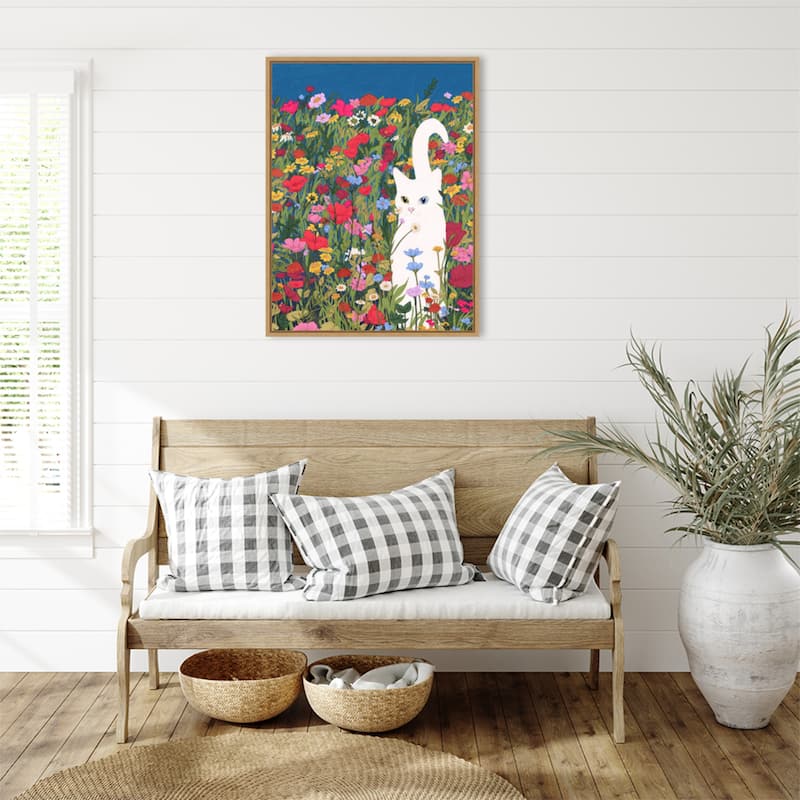 White Cat in the Wildflowers by Ec Mazur Framed Canvas Wall Art