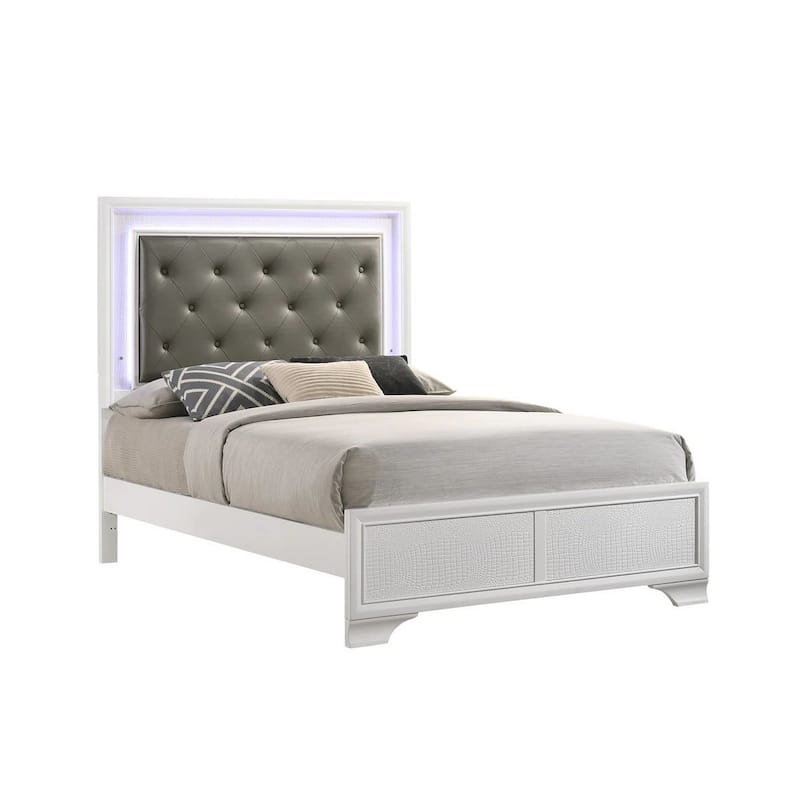 Lise Full Size Bed, Gray Fabric Upholstery, LED Lit, Modern White Wood