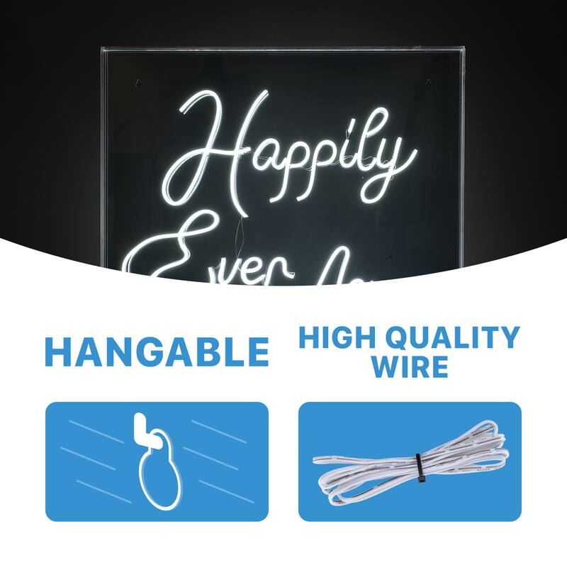 Happily Ever After 23.63" Square Contemporary Glam Acrylic Box USB Operated LED Neon Light, White by JONATHAN Y