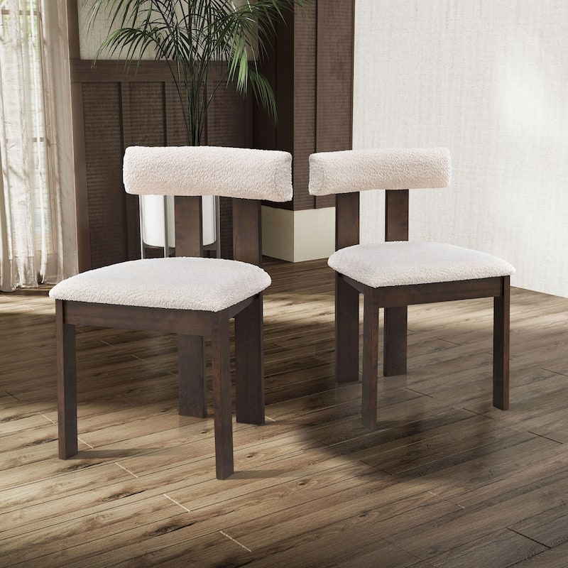 2 PCS Wooden Dining Chairs, Modern Boucle Upholstered Mid Century Side Chairs with Open Back