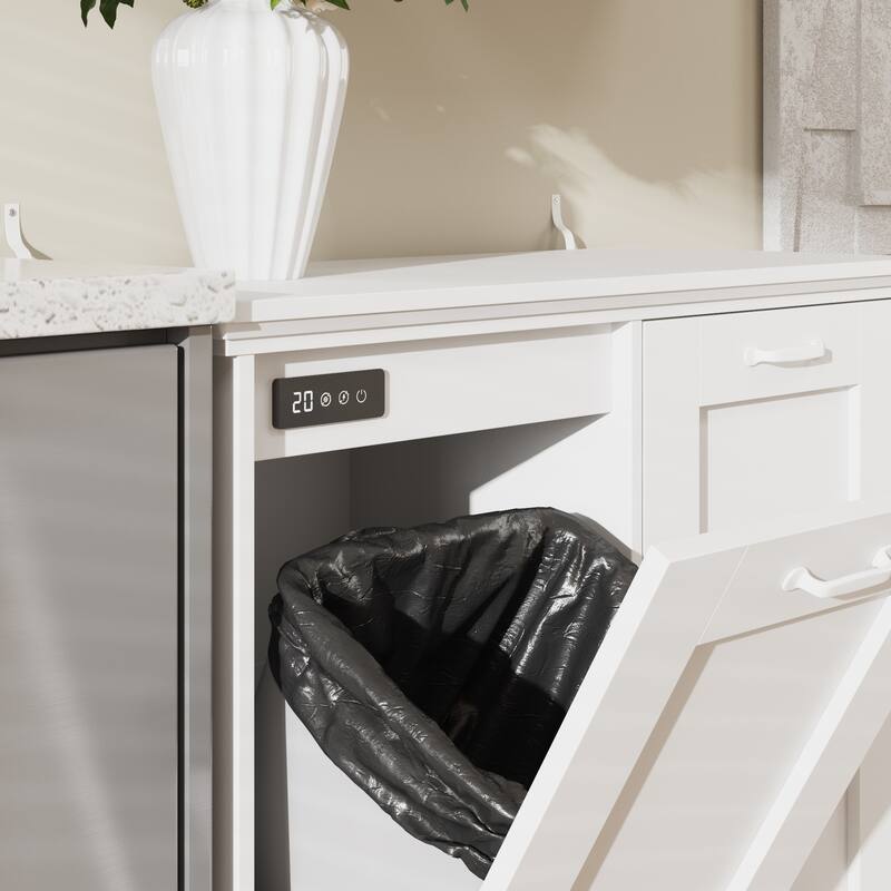 Ozone Deodorizing Trash Bin Cabinet Trash Cabinet, Wooden Kitchen Garbage Bin Storage Cabinet with Hidden Bins, White