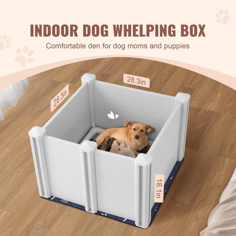 White PVC Plastic Dog Whelping Box with Rails Pee Pad Ideal for Indoor Dogs and Puppies
