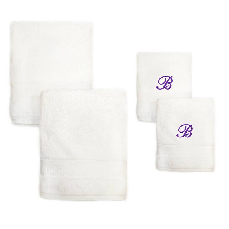 Sweet Kids 2-piece White Turkish Cotton Bath and Hand Towel Set with Lavender Purple Monogrammed Initial - white/purple b
