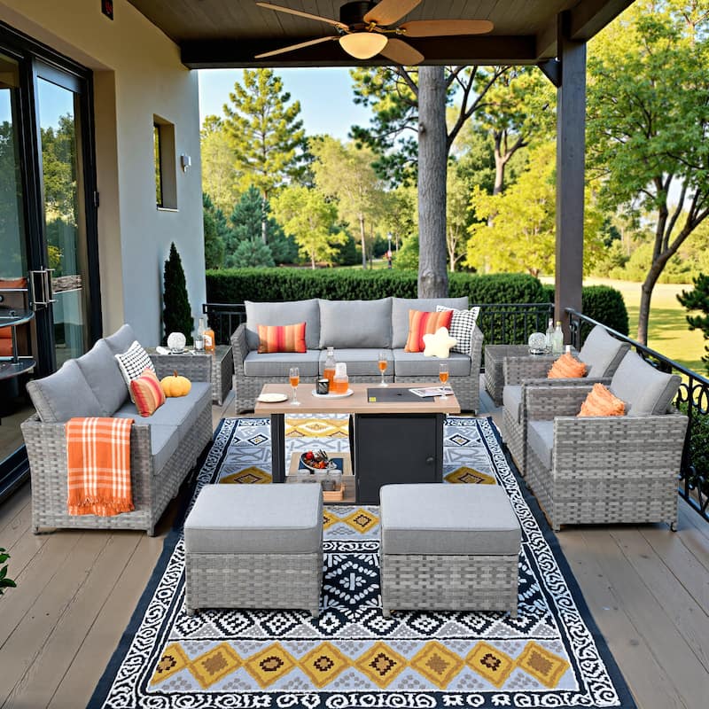 XIZZI 13-piece Outdoor Patio Furniture Wicker Seating Set with Fire Pit - Dark Grey