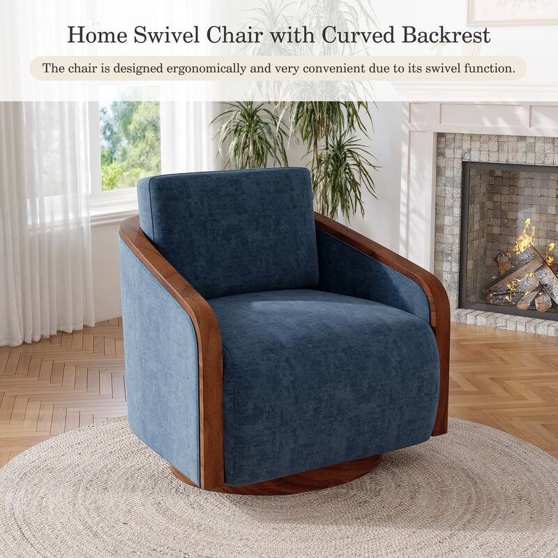 Upholstered Swivel Barrel Chair with Curved Wood Arms