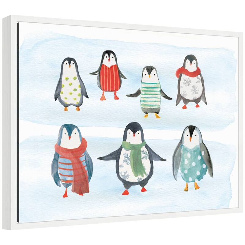 Kate and Laurel Sylvie Framed Canvas Winterwonder Penguins by Turnowsky - White