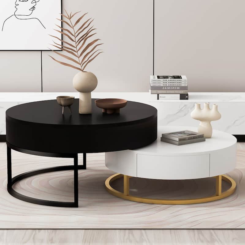 Modern Round Lift-top Nesting Coffee Tables with 2 Drawers White & Black