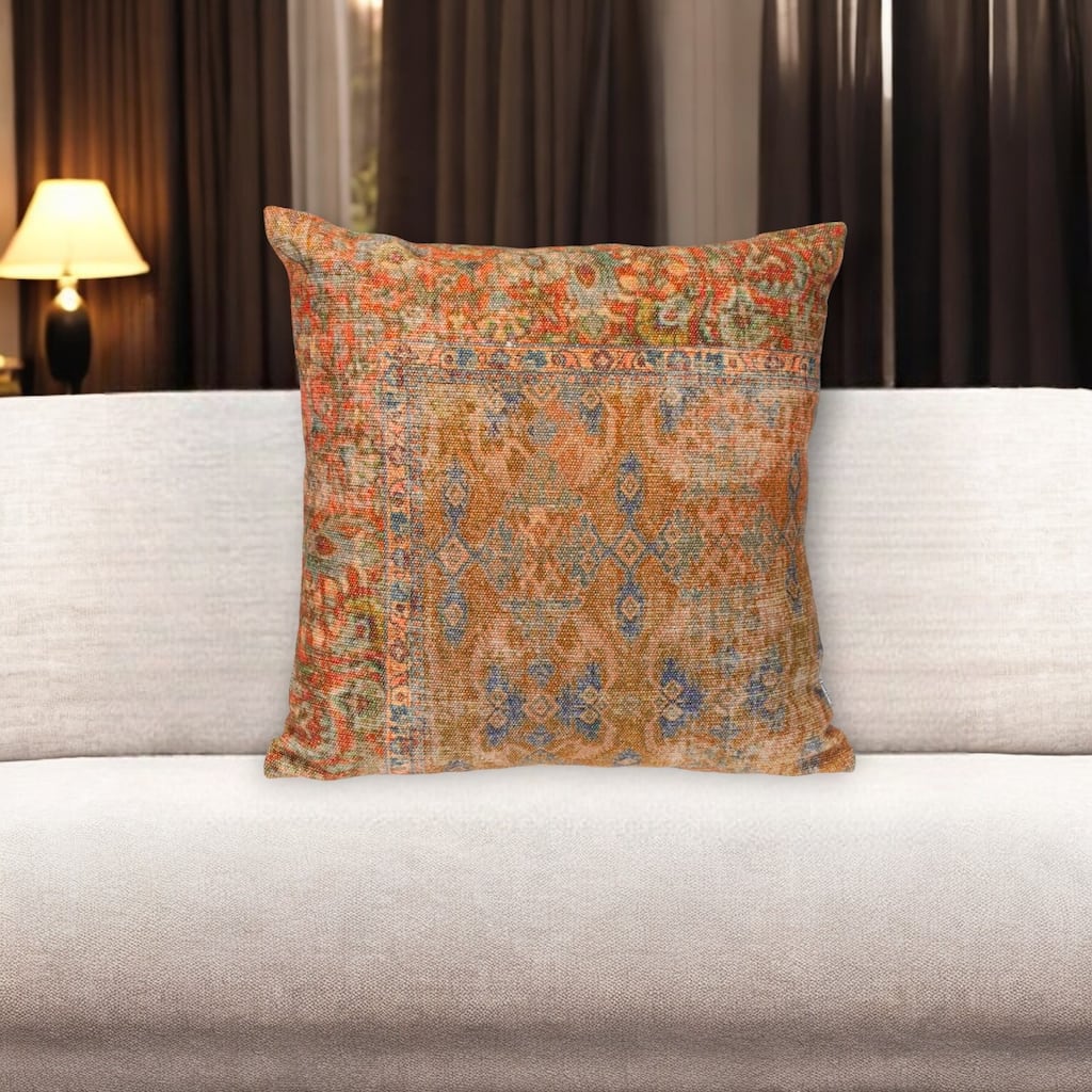 HomeRoots 18" Blue and Pink Damask Cotton Throw Pillow