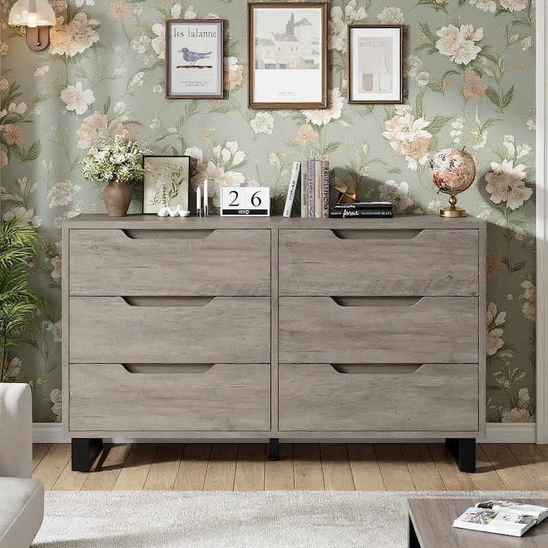 6 Drawers Wood Dressers, with Storage, 47.2" - Grey